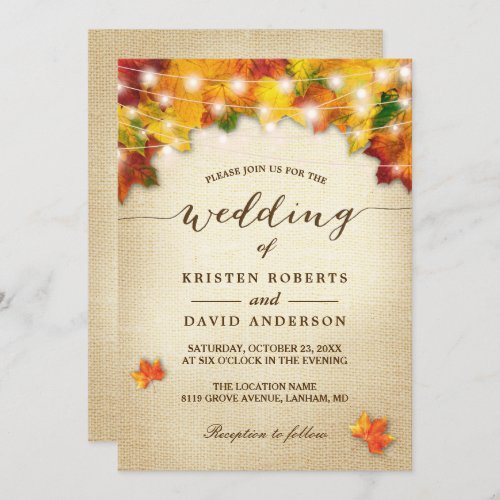 Autumn Leaves Burlap Twinkle Lights Fall Wedding Invitation