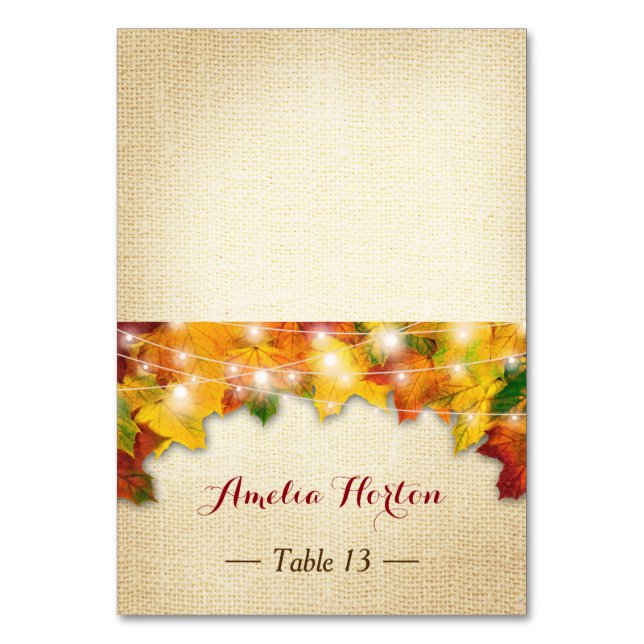 Autumn Leaves Burlap Wedding Place Card (Front)