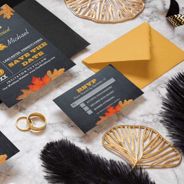 Autumn Leaves Chalkboard Wedding RSVP Card (Creator Uploaded)