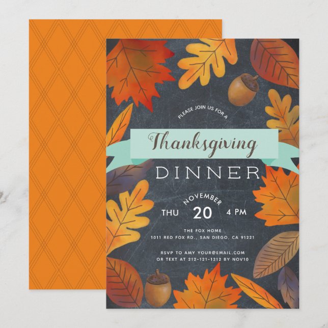 Autumn Leaves ChalkboardThanksgiving Dinner Invitation (Front/Back)