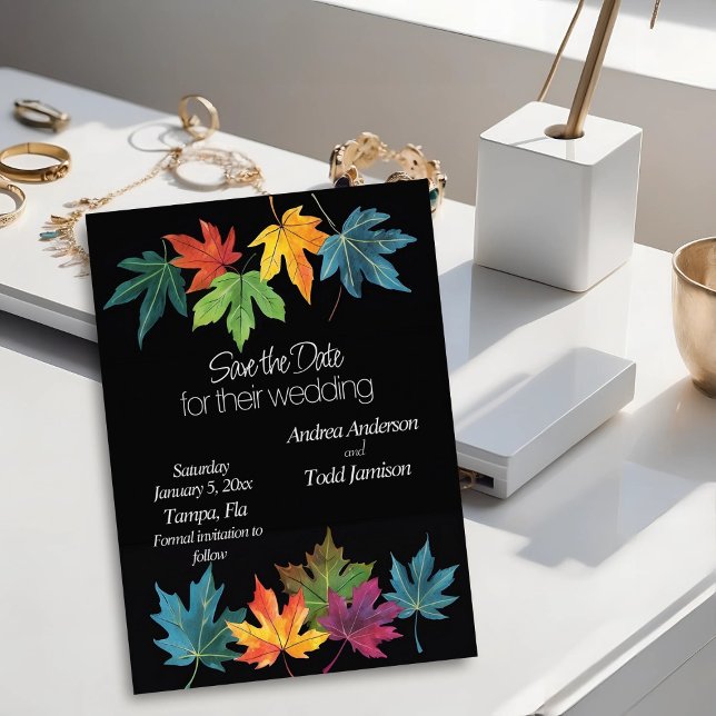 Autumn leaves contrast black wedding save the date (Creator Uploaded)