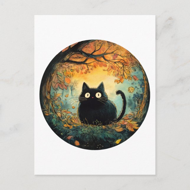 Autumn leaves cozy fall black cat in the magic for postcard (Front)