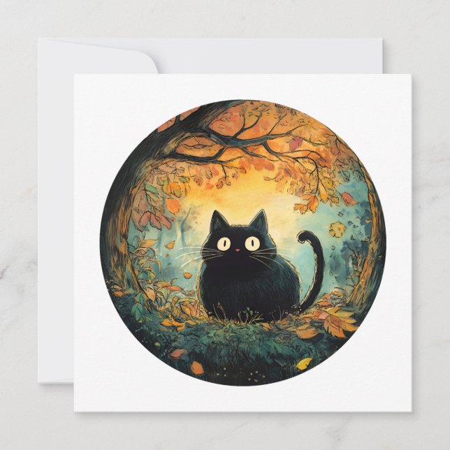 Autumn leaves cozy fall black cat in the magic for thank you card (Front)