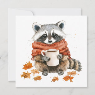 Autumn leaves cozy fall raccoon with cup of coffee invitation