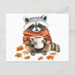 Autumn leaves cozy fall raccoon with cup of coffee postcard