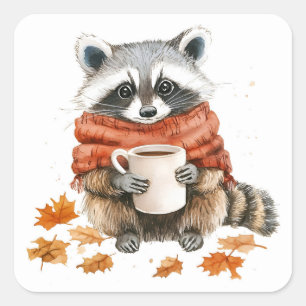 Autumn leaves cozy fall raccoon with cup of coffee square sticker