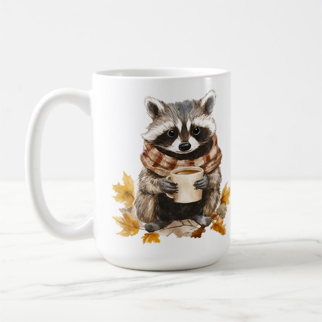 Autumn leaves cozy raccoon with cup of coffee (Left)