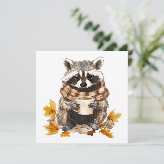 Autumn leaves cozy raccoon with cup of coffee (Standing Front)