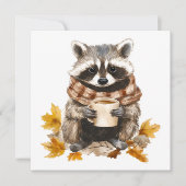 Autumn leaves cozy raccoon with cup of coffee (Front)
