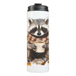 Autumn leaves cozy raccoon with cup of coffee