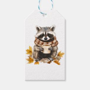 Autumn leaves cozy raccoon with cup of coffee gift tags