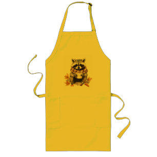 Autumn leaves cozy raccoon with cup of coffee long apron