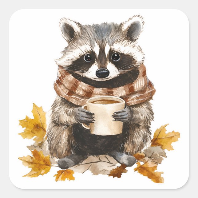 Autumn leaves cozy raccoon with cup of coffee square sticker (Front)