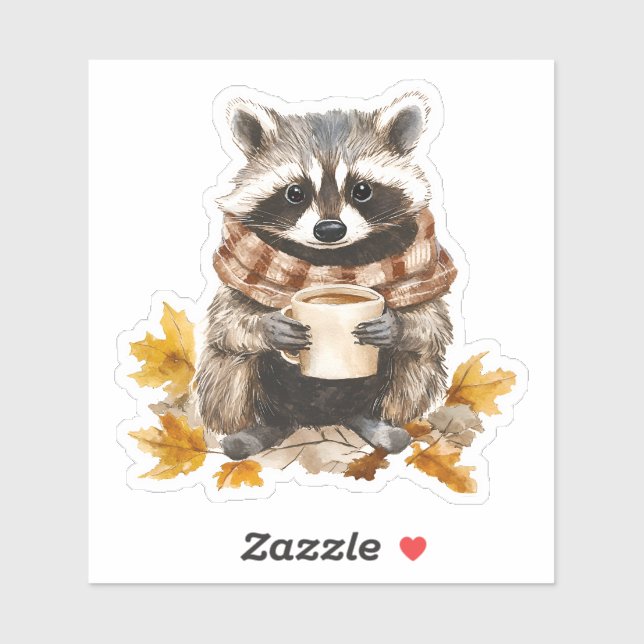 Autumn leaves cozy raccoon with cup of coffee sticker (Sheet)