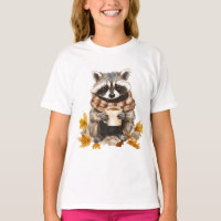 Autumn leaves cozy raccoon with cup of coffee