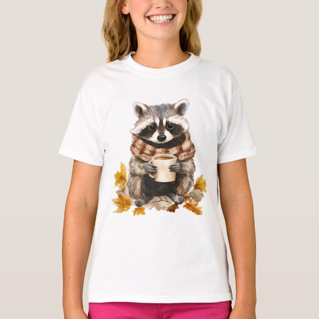 Autumn leaves cozy raccoon with cup of coffee T-Shirt (Front)