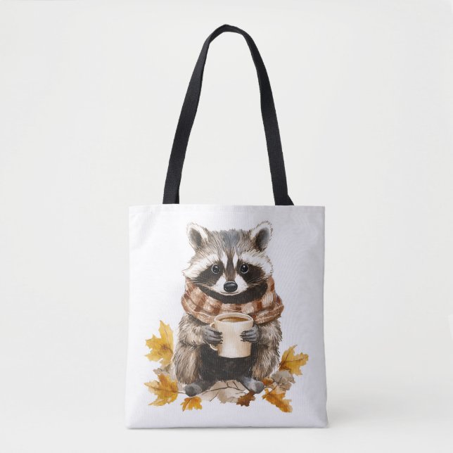 Autumn leaves cozy raccoon with cup of coffee tote bag (Front)