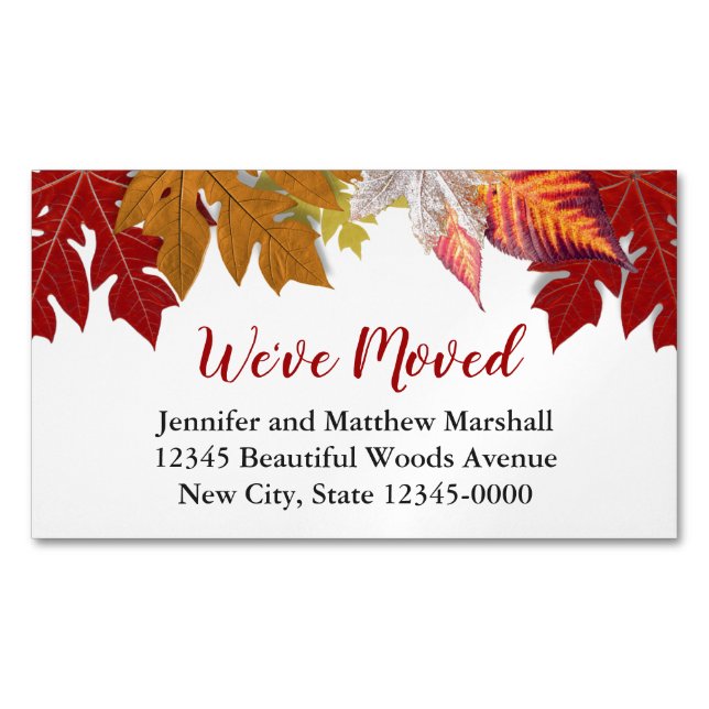 Autumn Leaves Custom Moving Announcement Business Card Magnet (Front)