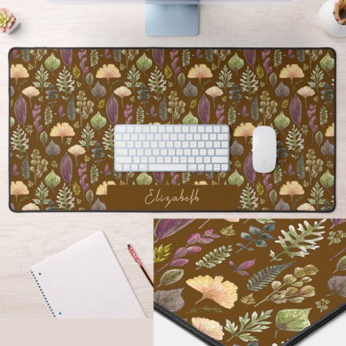 Autumn Leaves Custom Name Brown Desk Mat
