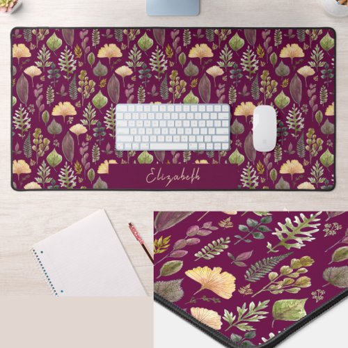 Autumn Leaves Custom Name Burgundy Desk Mat