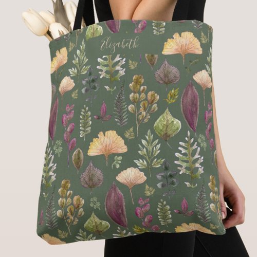 Autumn Leaves Custom Name Sage Green Tote Bag
