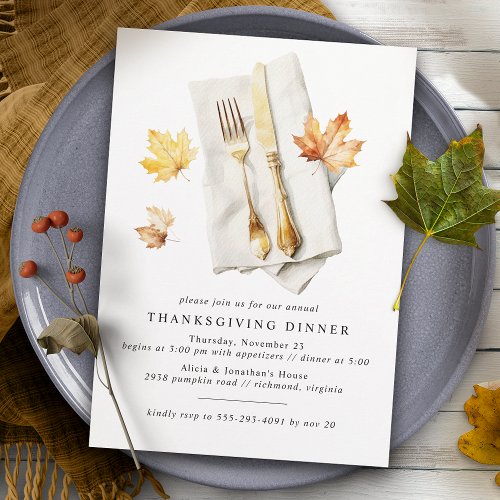 Autumn Leaves  Cutlery  Rustic Cozy Thanksgiving Invitation