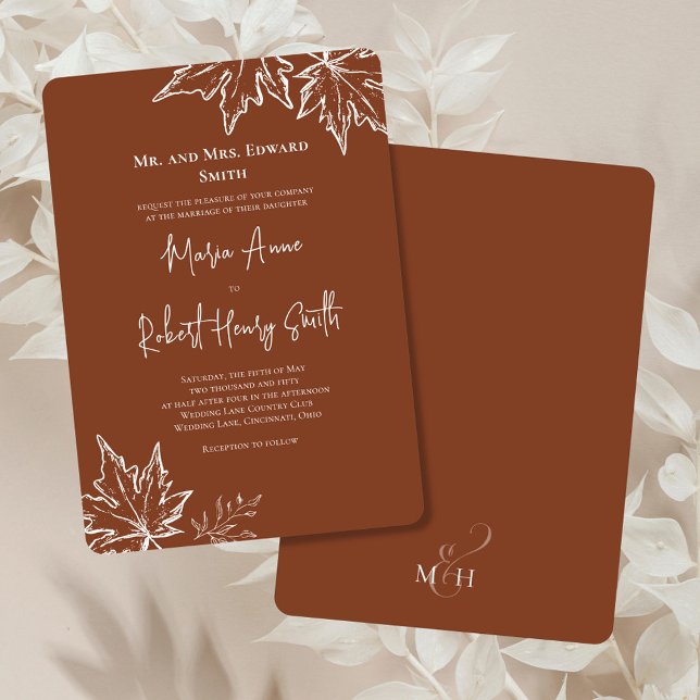 Autumn Leaves Elegant Fall Wedding  Invitation (Burgundy Fall Leaves wedding invitation.)