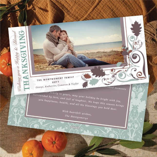 Autumn Leaves Elegant Swirls Thanksgiving Photo Holiday Card (Fall / Autumn Leaves Elegant Decorative Swirls Happy Thanksgiving Photo Holiday Card @ fat_fa_tin)
