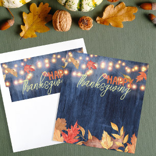 Autumn Leaves Fairy Lights Blue Wood Thanksgiving Envelope Liner