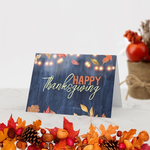 Autumn Leaves Fairy Lights On Wood Thanksgiving Card