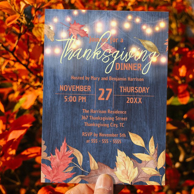 Autumn Leaves Fairy Lights On Wood Thanksgiving Invitation (Creator Uploaded)