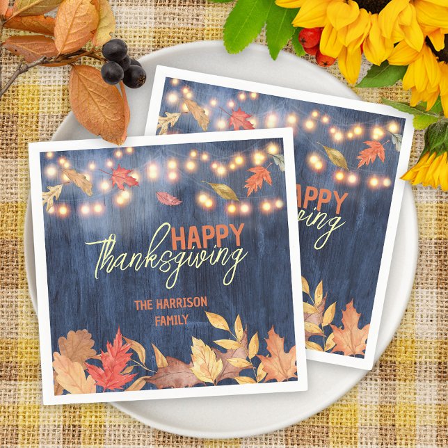Autumn Leaves Fairy Lights On Wood Thanksgiving Napkins (Creator Uploaded)