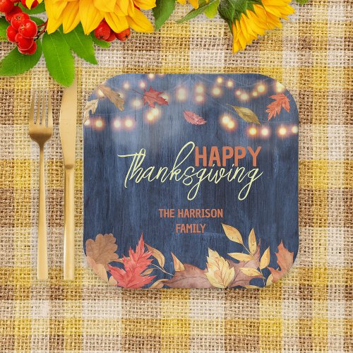Autumn Leaves Fairy Lights On Wood Thanksgiving Paper Plates