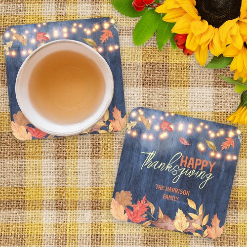 Autumn Leaves Fairy Lights On Wood Thanksgiving Square Paper Coaster