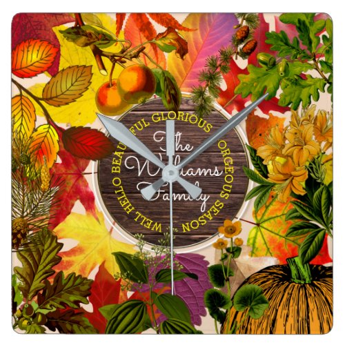 Autumn Leaves Fall Collage Monogram Vintage Wood Square Wall Clock