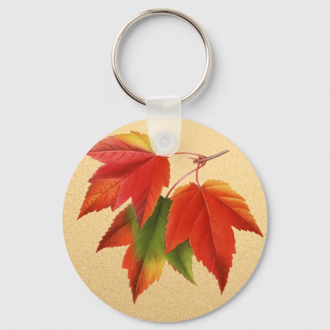 Autumn Leaves Fall Colors Maple Leaf on Gold Keychain (Front)