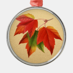 Autumn Leaves Fall Colors Maple Leaf on Gold Metal Ornament