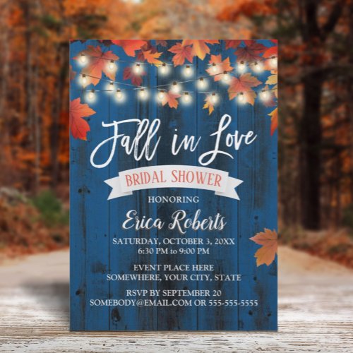 Autumn Leaves Fall in Love Navy Barn Bridal Shower Invitation