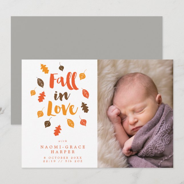 Autumn Leaves Fall In Love Photo Birth Annoucement Invitation (Front/Back)