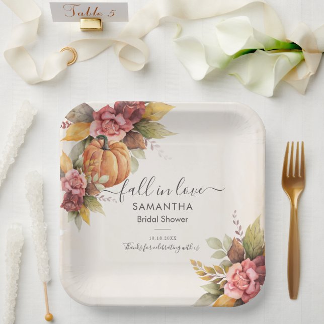 Autumn Leaves Fall in Love Pumpkin Bridal Shower Paper Plates (Wedding)