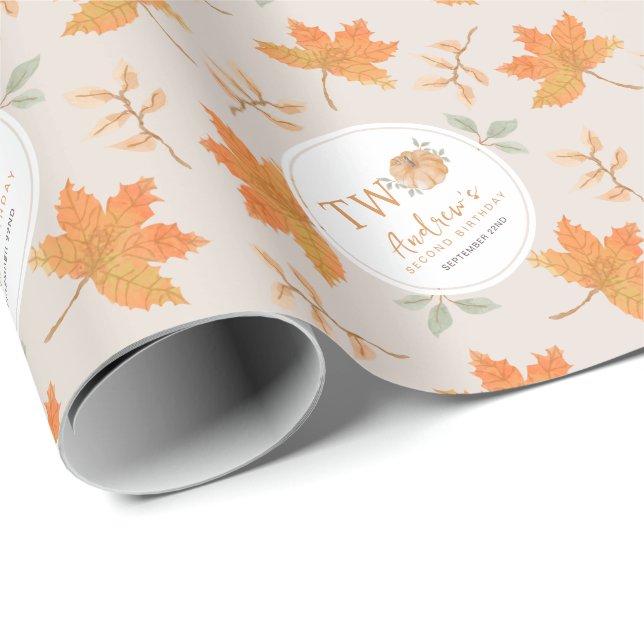 Autumn Leaves Fall Pumpkin Pattern 2nd Birthday Wrapping Paper (Roll Corner)