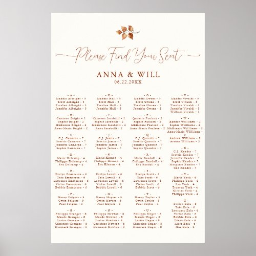 Autumn Leaves Fall Reception Alphabetical Seating Poster