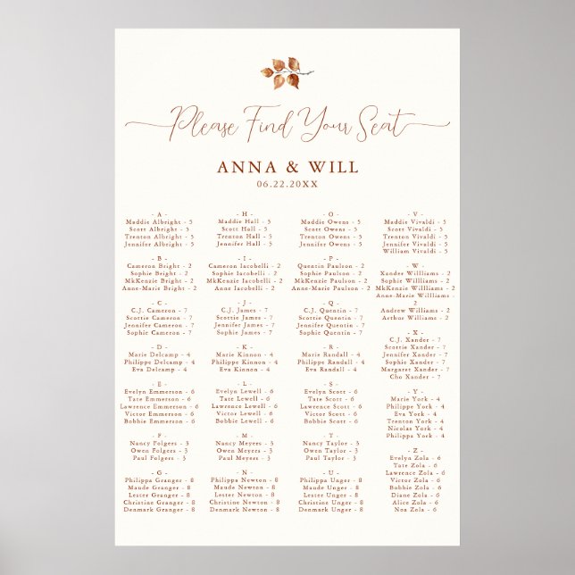 Autumn Leaves Fall Reception Alphabetical Seating Poster (Front)