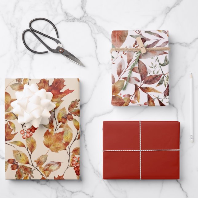  Autumn Leaves Fall Red Gold Brown Wrapping Paper Sheets (Front)