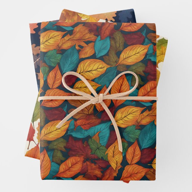 Autumn Leaves Fall Season Nature Patterned Pretty Wrapping Paper Sheets (In situ)