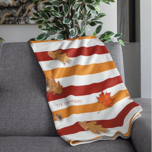 Autumn Leaves Fall Striped Personalized Fleece Blanket