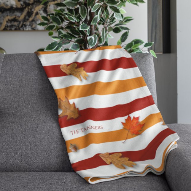 Autumn Leaves Fall Striped Personalized Fleece Blanket (Creator Uploaded)