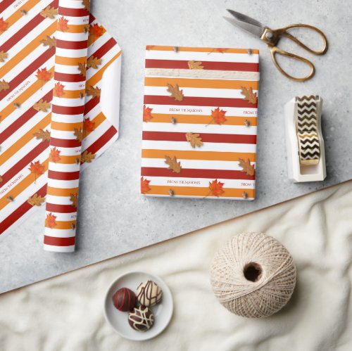 Autumn Leaves Fall Striped Personalized Wrapping Paper