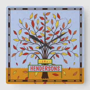 Autumn Leaves Fall Tree Pretty Personalized Name Square Wall Clock