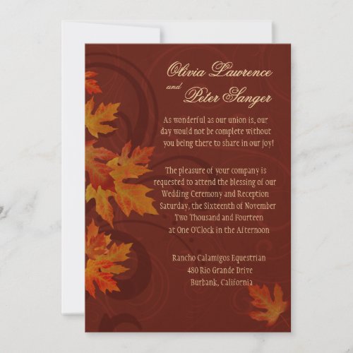 Autumn Leaves Fall Wedding metallic brown Invitation